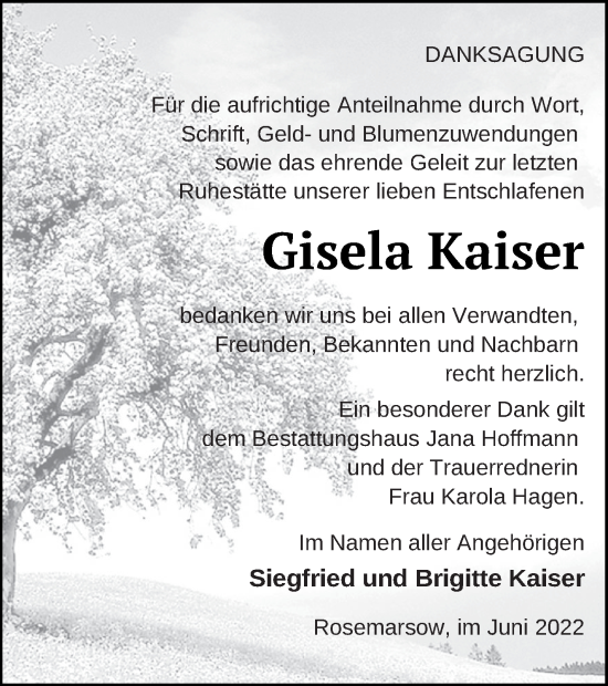 Traueranzeige von Gisela Kaiser von Neubrandenburger Zeitung