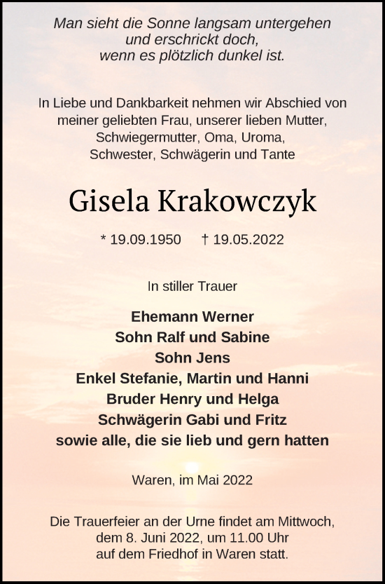 Traueranzeige von Gisela Krakowczyk von Müritz-Zeitung