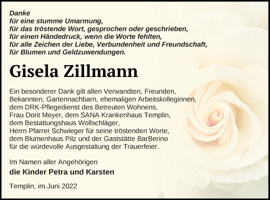 Traueranzeige von Gisela Zillmann von Templiner Zeitung