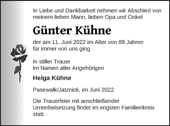 Traueranzeige von Günter Kühne von Pasewalker Zeitung