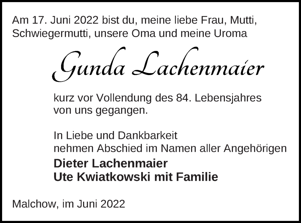  Traueranzeige für Gunda Lachenmaier vom 22.06.2022 aus Müritz-Zeitung