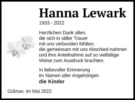 Traueranzeige von Hanna Lewark von Mecklenburger Schweiz