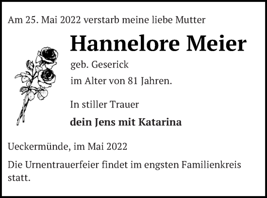 Traueranzeige von Hannelore Meier von Haff-Zeitung