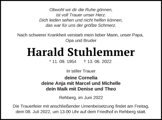 Traueranzeige von Harald Stuhlemmer von Strelitzer Zeitung