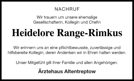 Traueranzeige von Heidelore Range-Rimkus von Neubrandenburger Zeitung