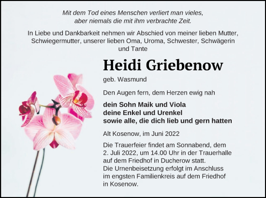 Traueranzeige von Heidi Griebenow von Vorpommern Kurier