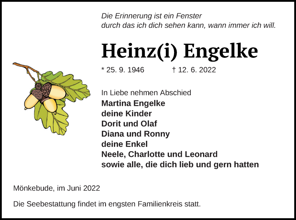  Traueranzeige für Heinz Engelke vom 18.06.2022 aus Haff-Zeitung