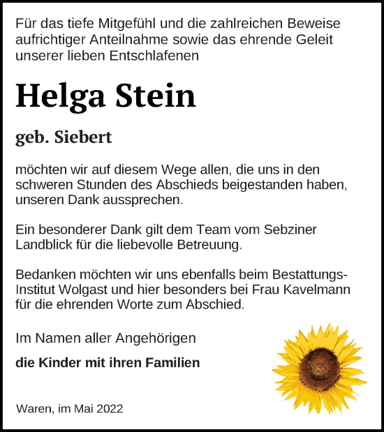 Traueranzeige von Helga Stein von Müritz-Zeitung