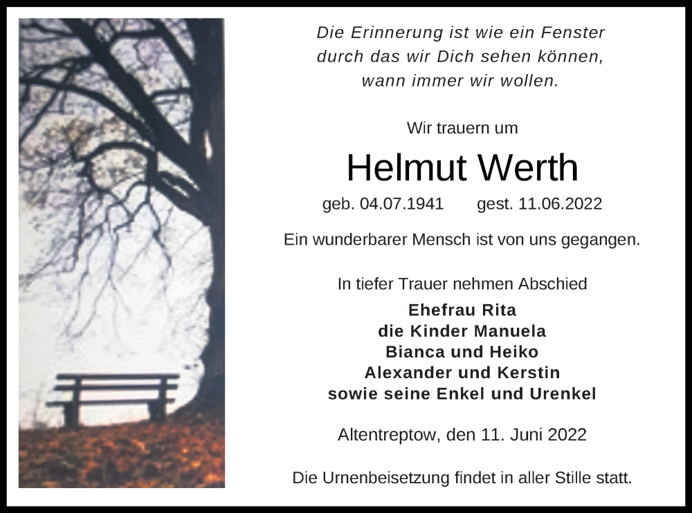  Traueranzeige für Helmut Werth vom 17.06.2022 aus Neubrandenburger Zeitung