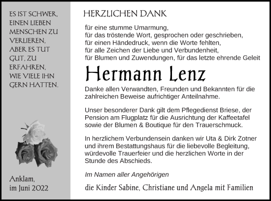 Traueranzeige von Hermann Lenz von Vorpommern Kurier