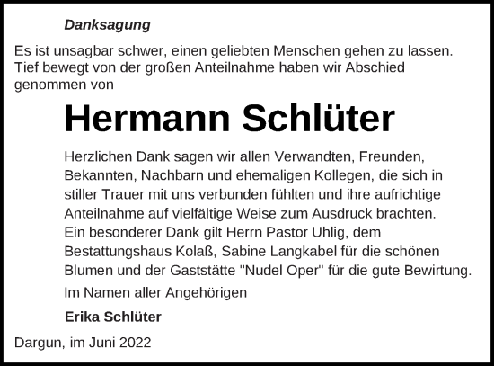 Traueranzeige von Hermann Schlüter von Mecklenburger Schweiz