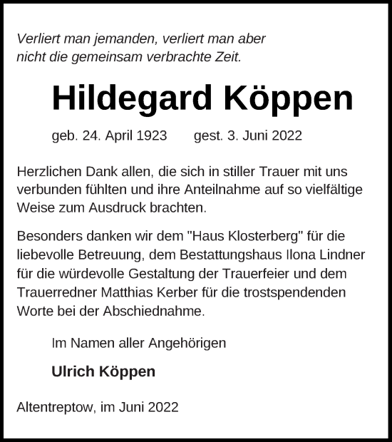 Traueranzeige von Hildegard Köppen von Neubrandenburger Zeitung