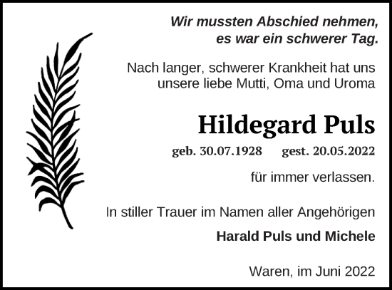 Traueranzeige von Hildegard Puls von Müritz-Zeitung