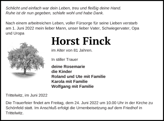 Traueranzeige von Horst Finck von Demminer Zeitung