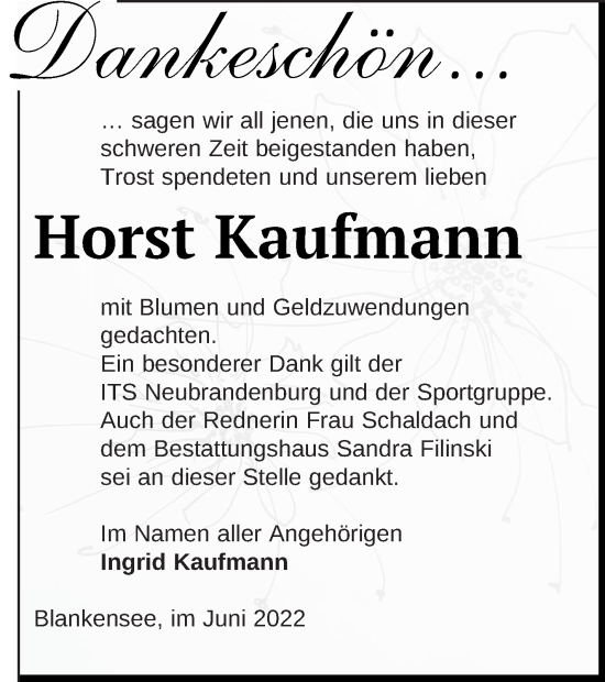 Traueranzeige von Horst Kaufmann von Neubrandenburger Zeitung