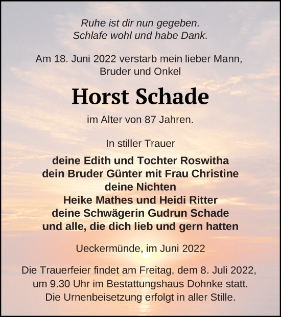 Traueranzeige von Horst Schade von Haff-Zeitung