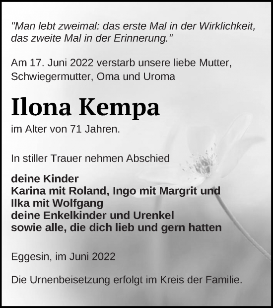 Traueranzeige von Ilona Kempa von Haff-Zeitung