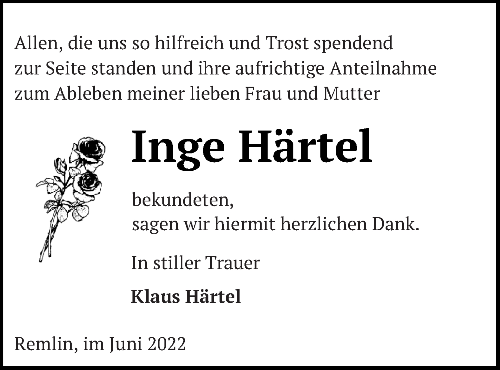  Traueranzeige für Inge Härtel vom 22.06.2022 aus Mecklenburger Schweiz