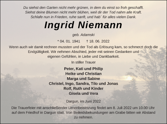 Traueranzeige von Ingrid Niemann von Mecklenburger Schweiz