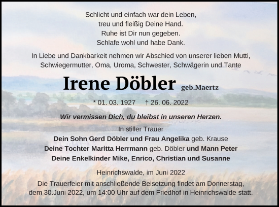 Traueranzeige von Irene Döbler von Haff-Zeitung