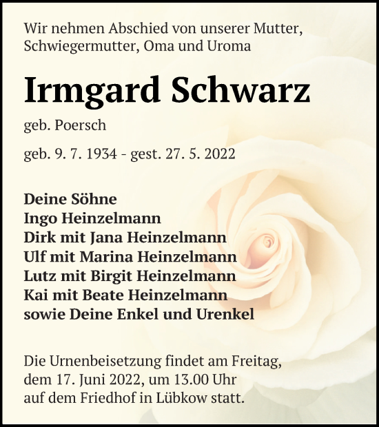 Traueranzeige von Irmgard Schwarz von Müritz-Zeitung