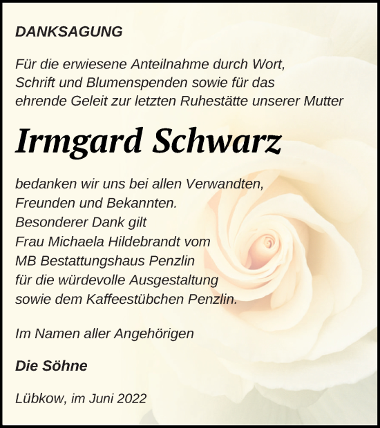 Traueranzeige von Irmgard Schwarz von Müritz-Zeitung