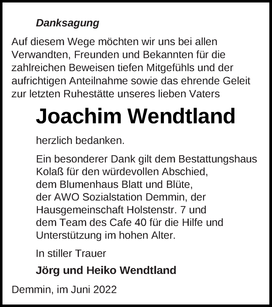  Traueranzeige für Joachim Wendtland vom 10.06.2022 aus Demminer Zeitung