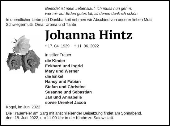 Traueranzeige von Johanna Hintz von Müritz-Zeitung