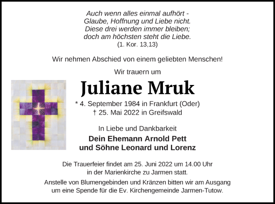 Traueranzeige von Juliane Mruk von Vorpommern Kurier