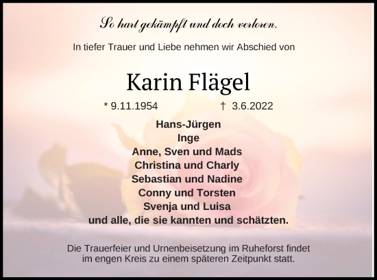 Traueranzeige von Karin Flägel von Müritz-Zeitung