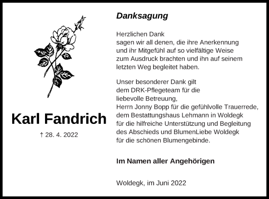 Traueranzeige von Karl Fandrich von Strelitzer Zeitung