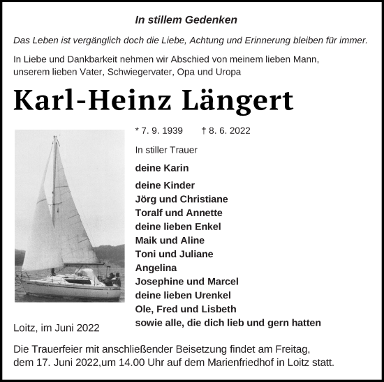 Traueranzeige von Karl-Heinz Längert von Vorpommern Kurier