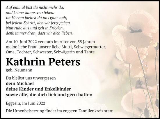 Traueranzeige von Kathrin Peters von Haff-Zeitung