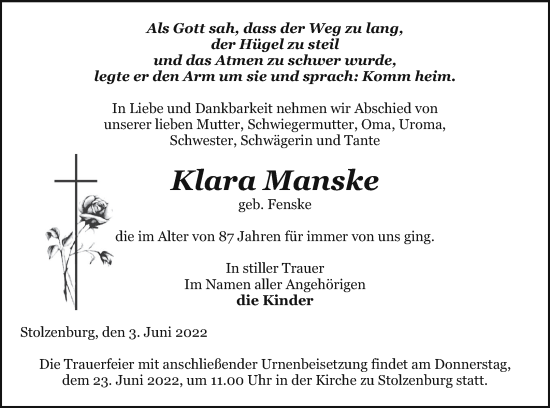 Traueranzeige von Klara Manske von Pasewalker Zeitung