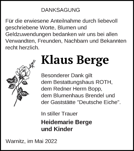 Traueranzeige von Klaus Berge von Prenzlauer Zeitung