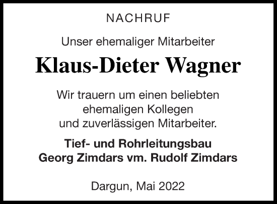 Traueranzeige von Klaus-Dieter Wagner von Mecklenburger Schweiz