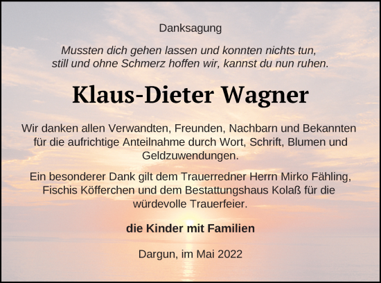 Traueranzeige von Klaus-Dieter Wagner von Mecklenburger Schweiz