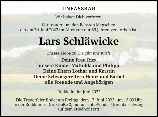 Traueranzeige von Lars Schläwicke von Templiner Zeitung