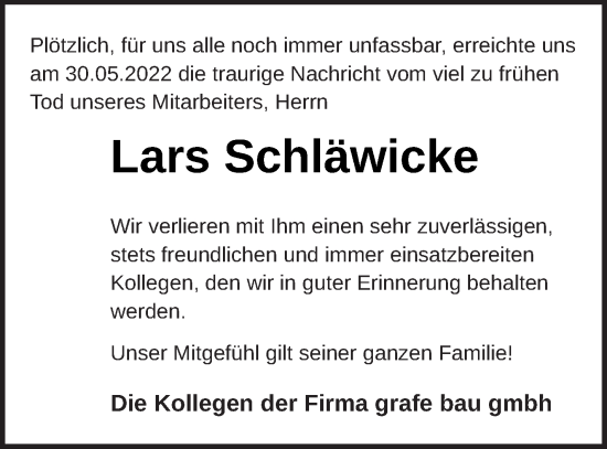 Traueranzeige von Lars Schläwicke von Templiner Zeitung