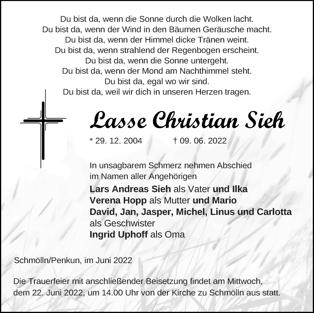  Traueranzeige für Lasse Christian Sieh vom 18.06.2022 aus Pasewalker Zeitung