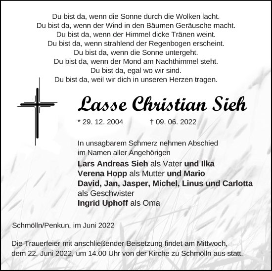 Traueranzeige von Lasse Christian Sieh von Pasewalker Zeitung