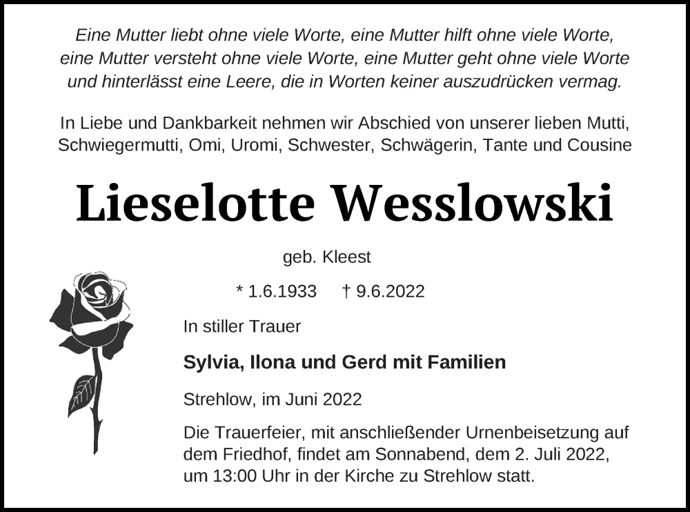  Traueranzeige für Lieselotte Wesslowski vom 18.06.2022 aus Prenzlauer Zeitung