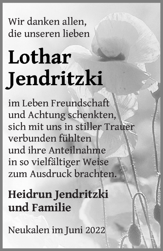 Traueranzeige von Lothar Jendritzki von Mecklenburger Schweiz