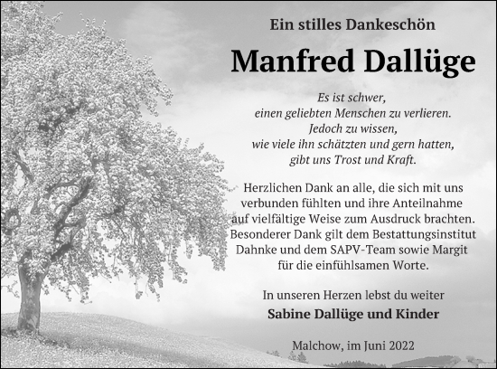 Traueranzeige von Manfred Dallüge von Müritz-Zeitung