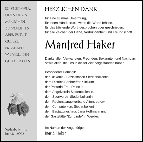 Traueranzeige von Manfred Haker von Neubrandenburger Zeitung