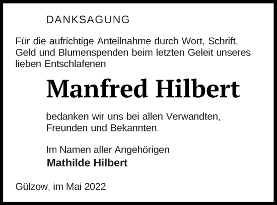 Traueranzeige von Manfred Hilbert von Mecklenburger Schweiz