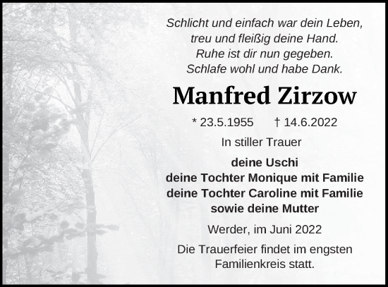 Traueranzeige von Manfred Zirzow von Neubrandenburger Zeitung