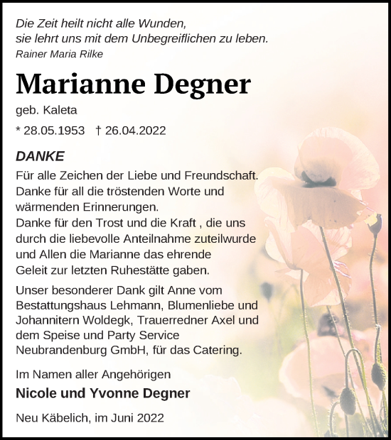 Traueranzeige von Marianne Degner von Neubrandenburger Zeitung