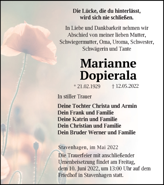 Traueranzeige von Marianne Dopierala von Mecklenburger Schweiz