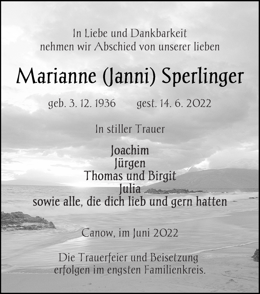  Traueranzeige für Marianne Sperlinger vom 17.06.2022 aus Strelitzer Zeitung